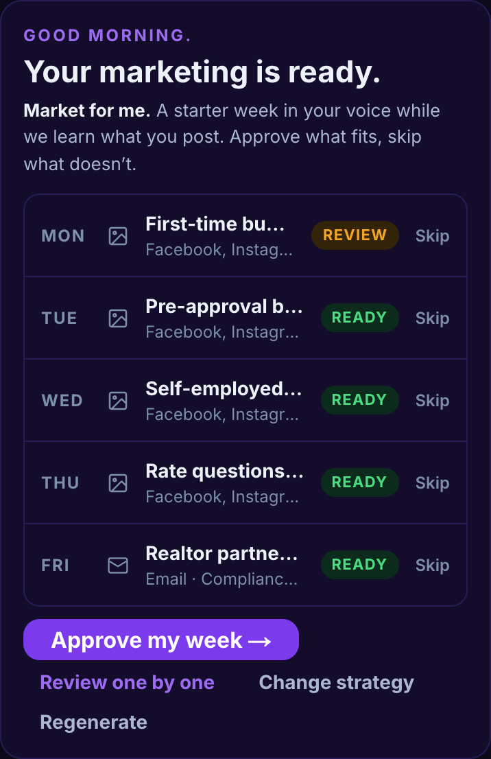 The hub's Monday screen on a phone: Your marketing is ready, five days with Ready and Review chips, and an Approve my week button